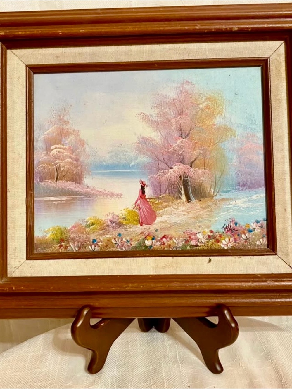 VTG Impasto Oil Painting Signed Shaw Pastel Pink Coquette Landscape Lady by Lake